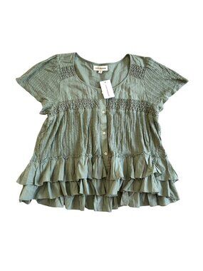 Lucky Brand Women's Sz M Button-Down Ruffle Hem Top Lace Trim Short Sleeves
